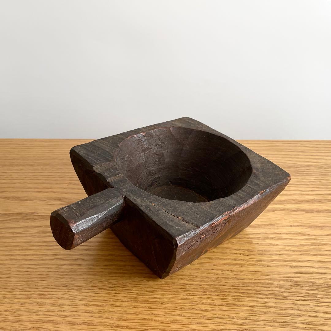 アンティーク 民藝 木工 把手付臼 花器 ブロカント インド FOLK ART