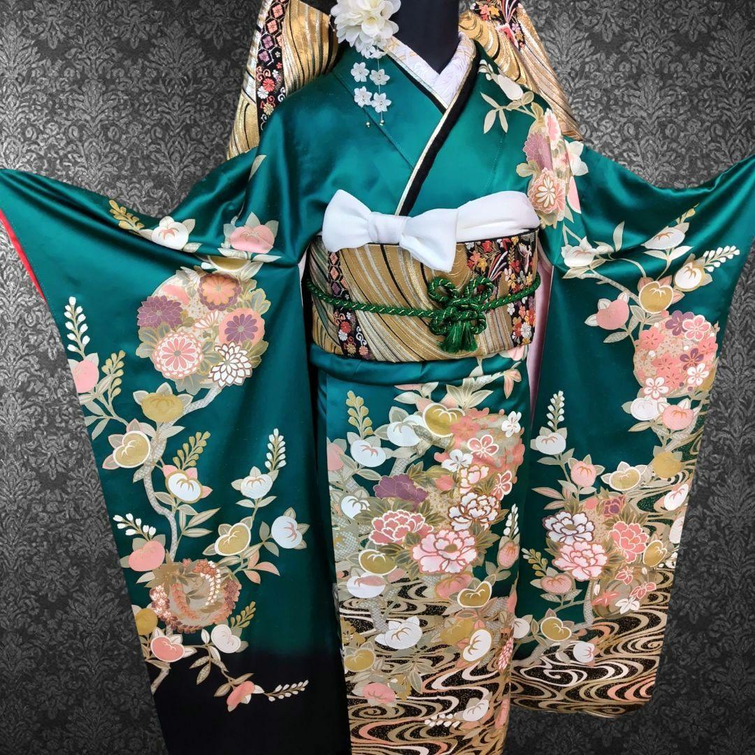 振袖フルセット(7点)・古典柄・金駒刺繍・金彩加工・鹿の子柄・正絹