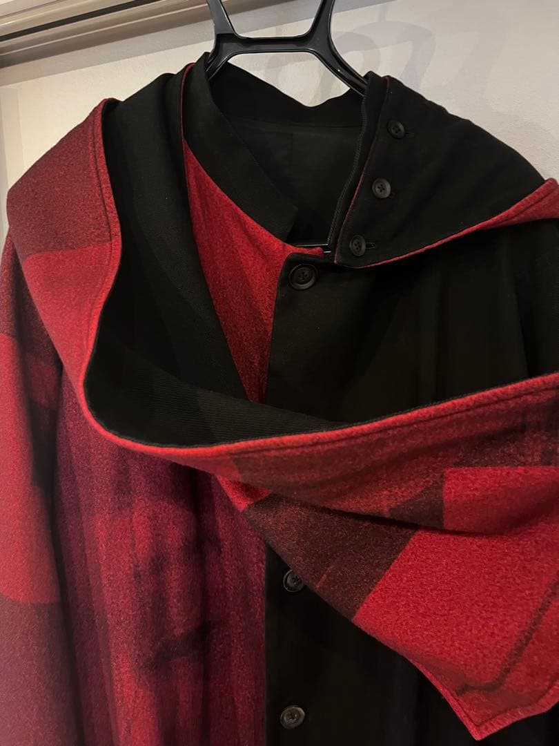 ヨウジヤマモトプールオム 18AW 赤フラノストールフード付ドレスコート