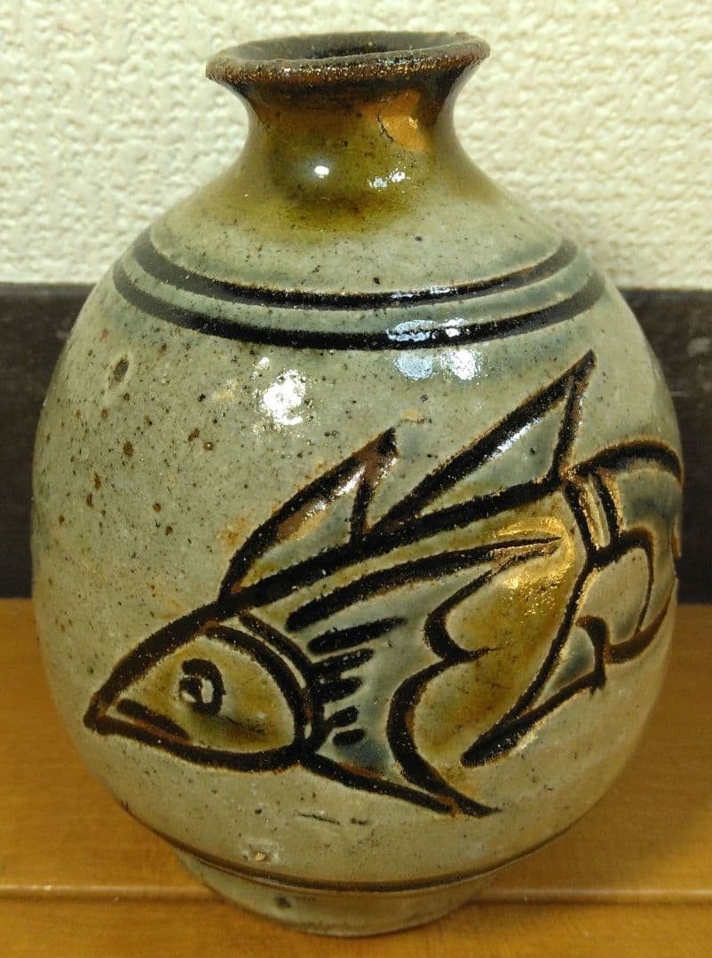 人間国宝 金城次郎 壷屋焼 徳利 栞 共箱 美品 壺屋焼 やちむん 魚紋徳利