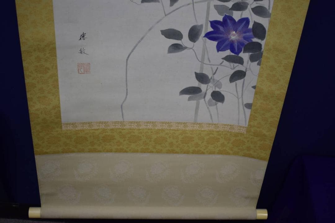 真作/白石勝敏/鉄仙花/桐共箱二重箱付/布袋屋掛軸HH-682