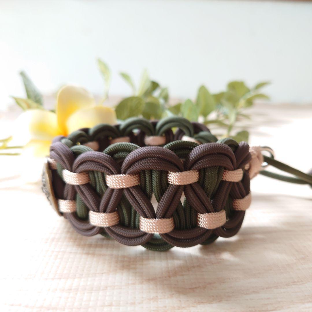パラコード首輪　ハーフチョーク　秋カラー　オリーブ＆ブラウン　コンチョ付№101