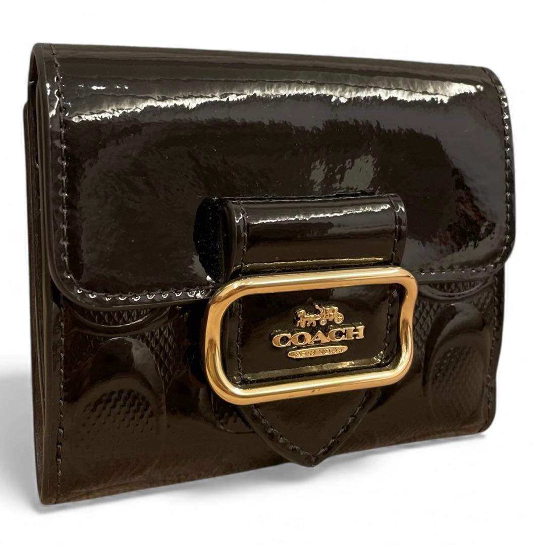 【未使用級】COACH 二つ折り財布 パテントレザー シグネチャー ブラック 黒