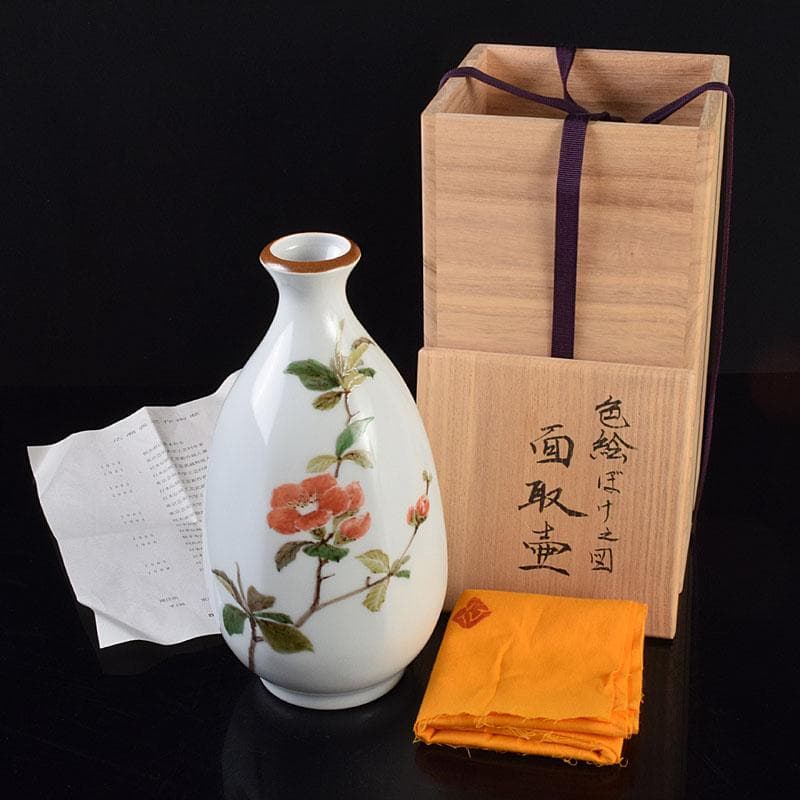 広瀬義之作　色絵　ぼけ之図　面取り壷　共布共箱　V　R9186B