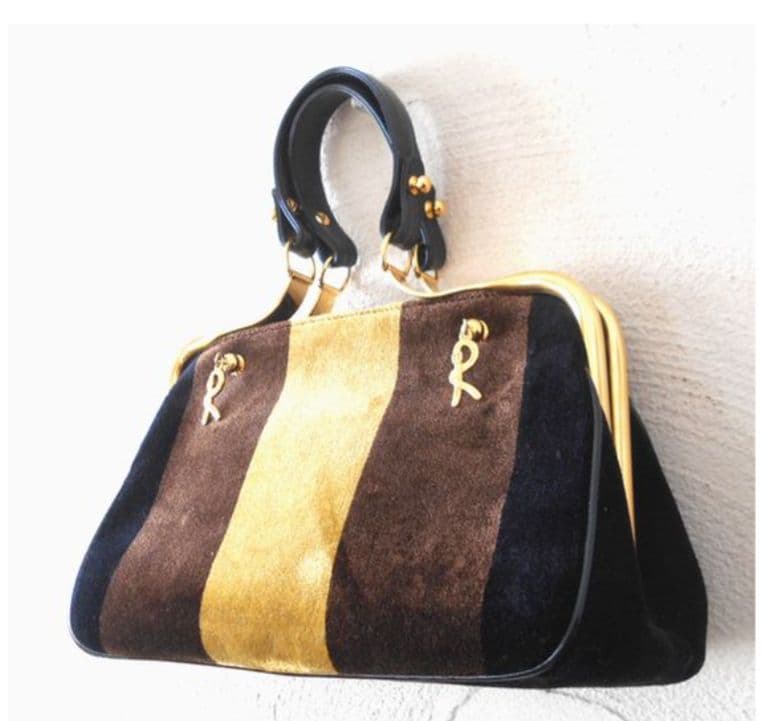 Roberta di Camerinoブラックブラウンマスタードカラベラバッグ