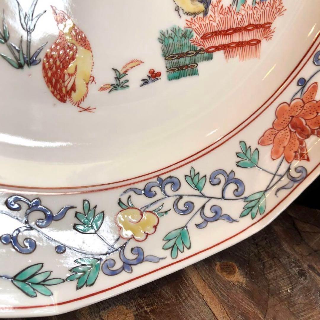 【木箱付き】 柿右衛門 色絵竹梅鶉　十角皿