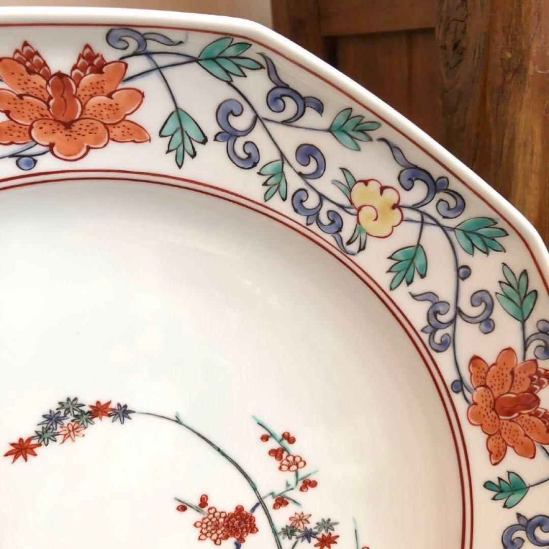 【木箱付き】 柿右衛門 色絵竹梅鶉　十角皿