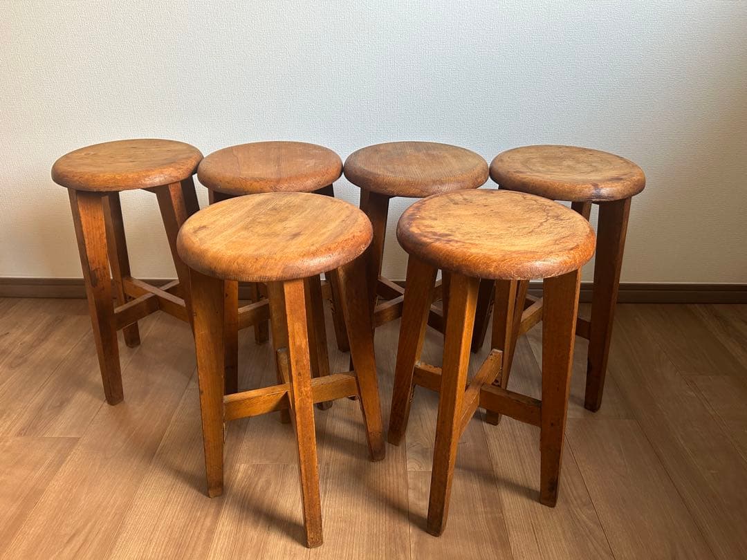 希少　丸椅子　 6個セット　アンティーク　まとめ売り　木製　スツール　同一規格