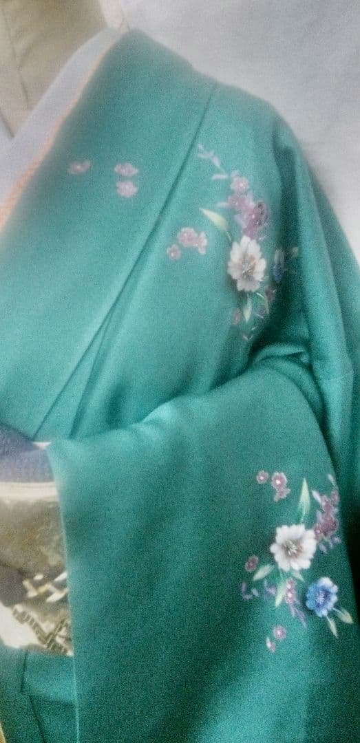 付け下げ、訪問着ブルーグリーン色、花柄入、身丈175cm