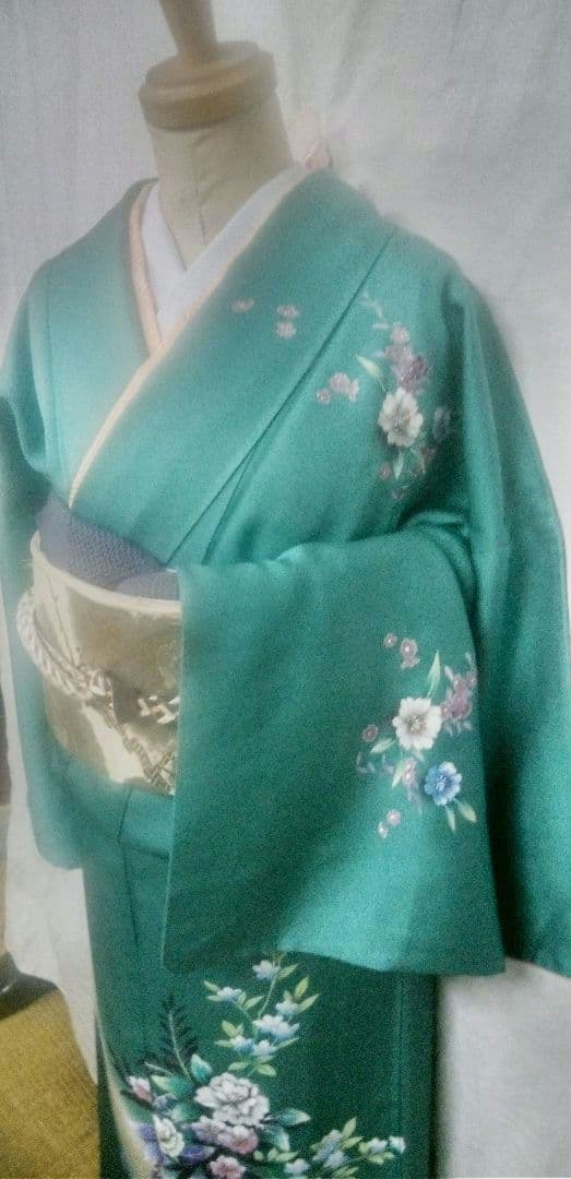 付け下げ、訪問着ブルーグリーン色、花柄入、身丈175cm