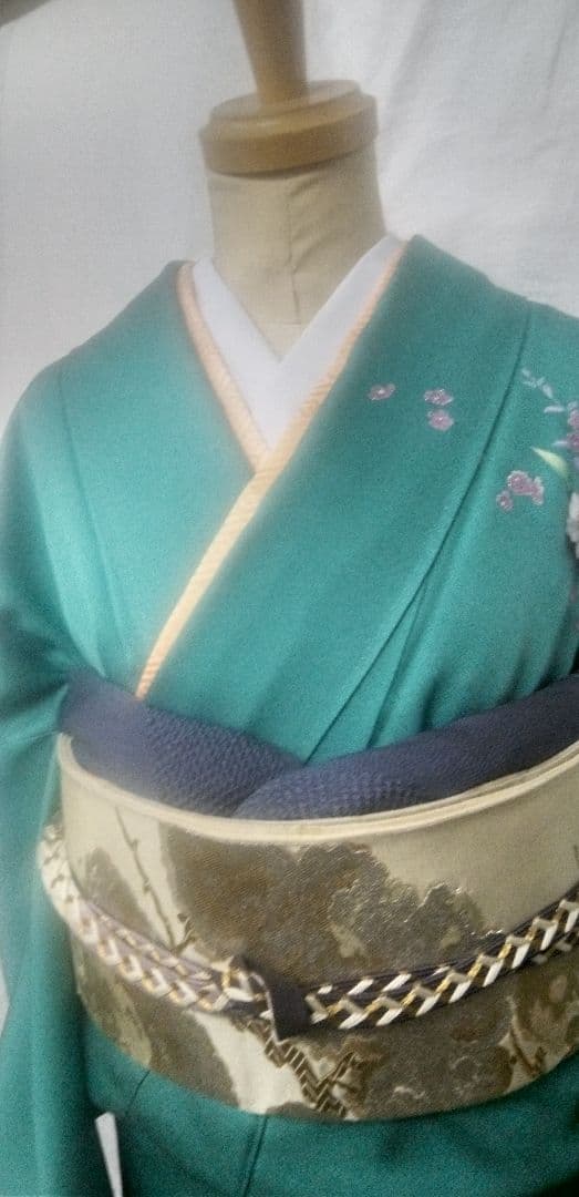 付け下げ、訪問着ブルーグリーン色、花柄入、身丈175cm