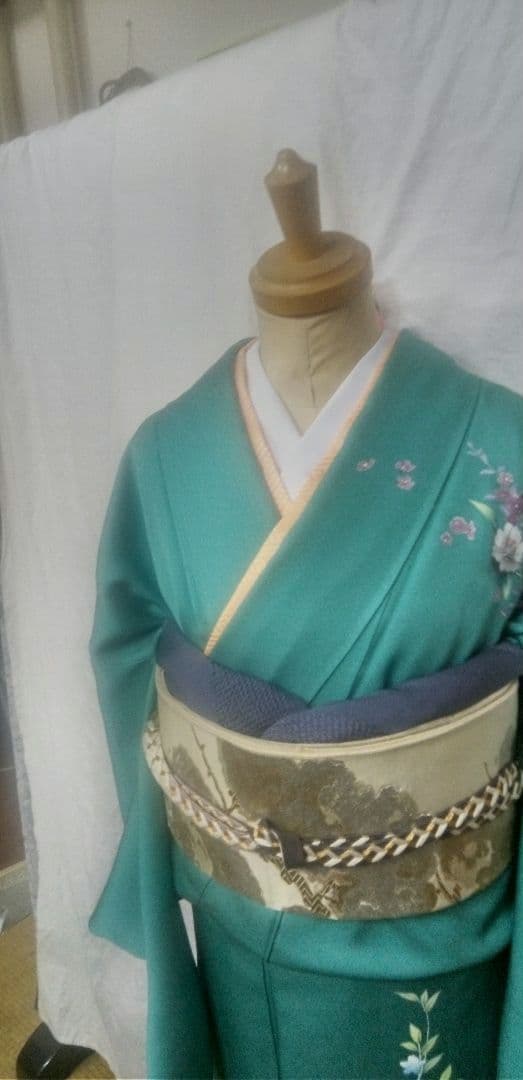 付け下げ、訪問着ブルーグリーン色、花柄入、身丈175cm