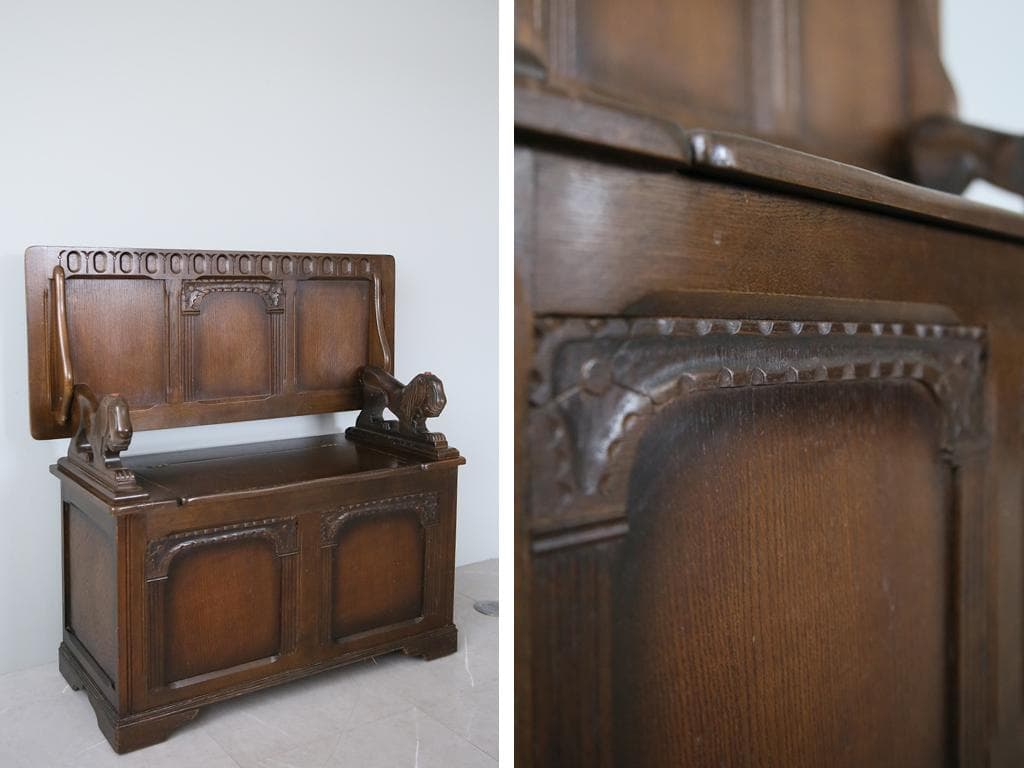 英国アンティーク木製モンクスベンチ/椅子イスチェア/収納机テーブル(88-119