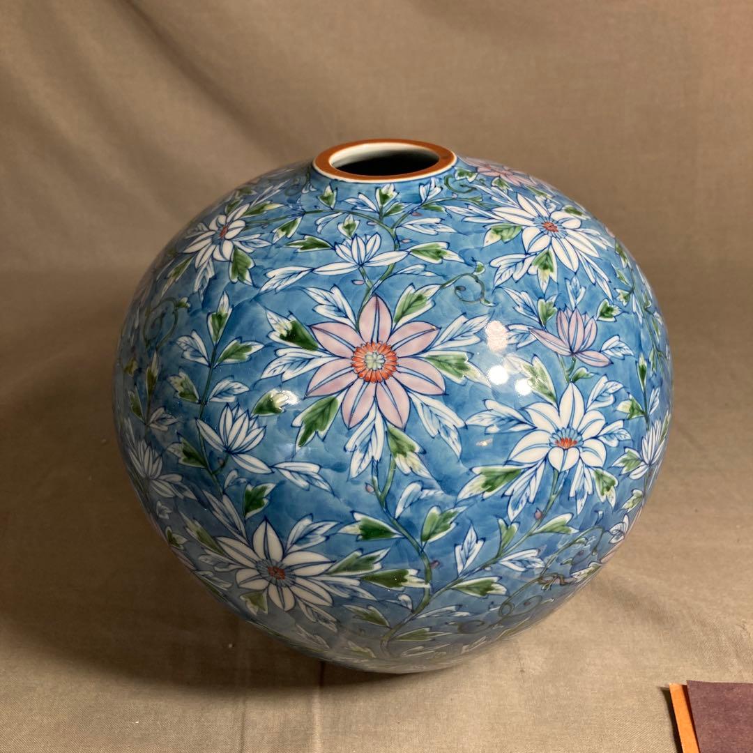 【源右衛門】古伊万里の伝統　日本の名窯　舘林源右衛門作　染錦濃鉄線花文　花瓶