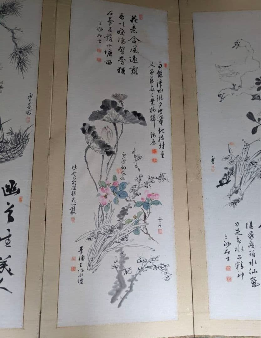 雪渓など/六曲屏風と木箱セット/明治期書画家の合作/希少骨董古美術vintage