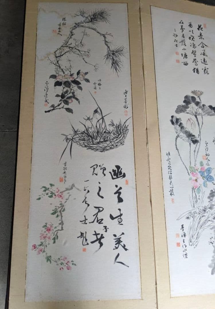 雪渓など/六曲屏風と木箱セット/明治期書画家の合作/希少骨董古美術vintage