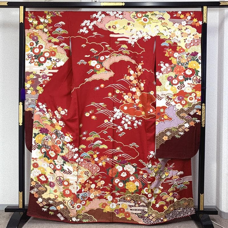 508z8〇京都きもの友禅 古典柄 振袖 地紋 毬 松竹梅 赤〇成人式 結婚式