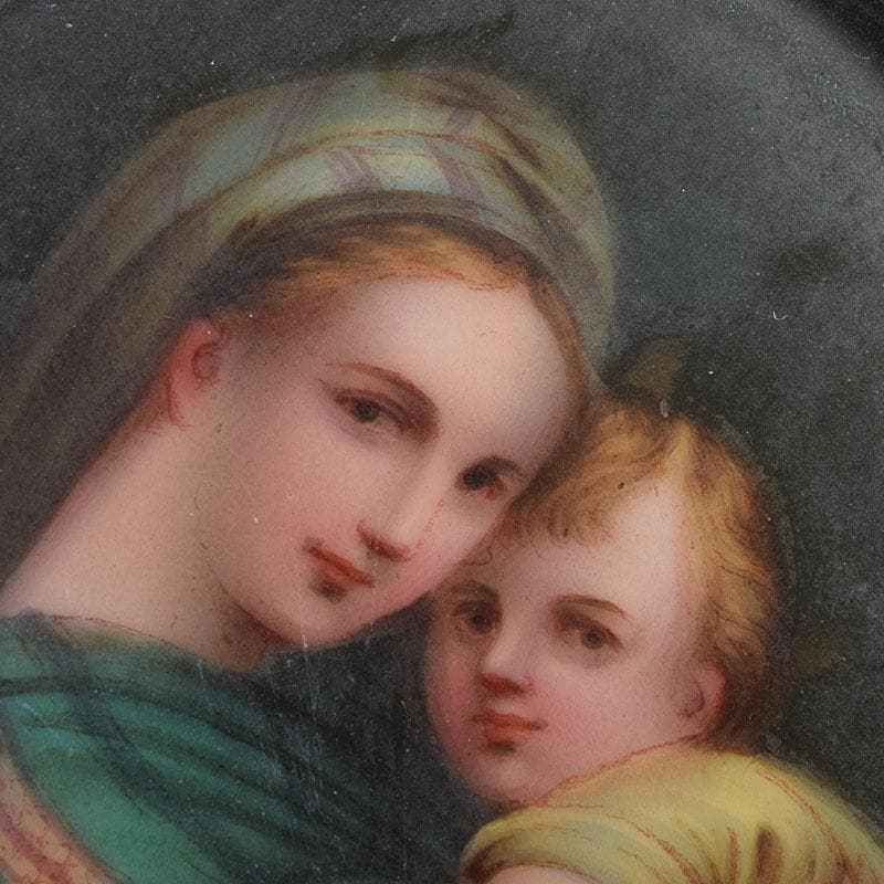 キリスト教　陶器製　聖像画　イコン　聖母子　銅製フレーム　M　R9408