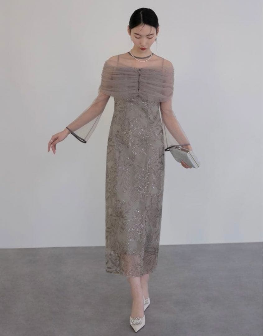 チュールオフショルダー花柄Iラインワンピースドレス結婚式パーティー成人式二次会