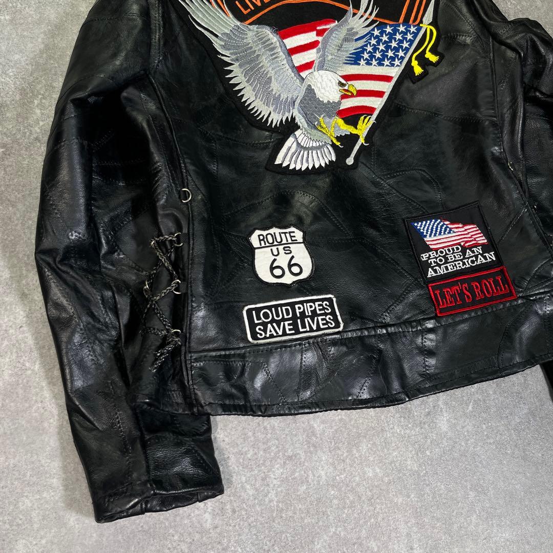 バッファロー レザー ライダースジャケット つぎはぎ 黒 ワッペン　イーグル