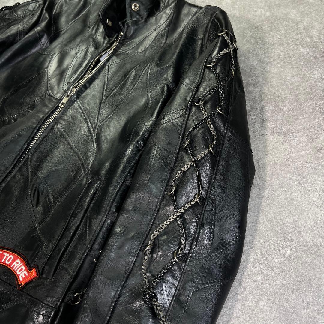 バッファロー レザー ライダースジャケット つぎはぎ 黒 ワッペン　イーグル