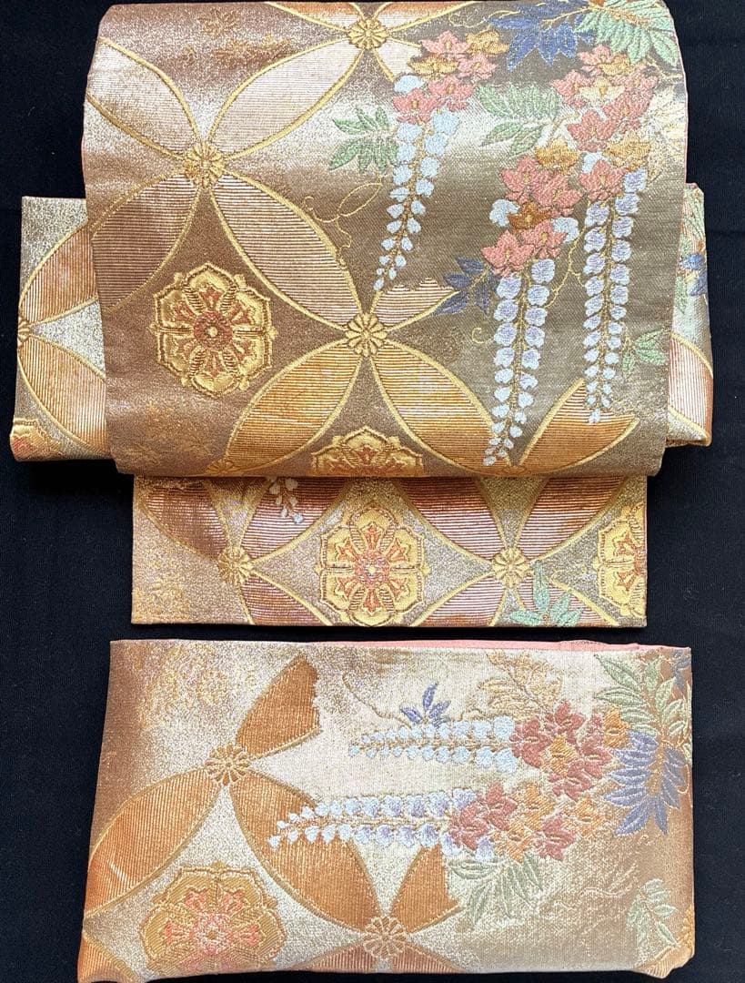 美品 藤の花 金 七宝紋様 正絹 袋帯 二重太鼓 作り帯