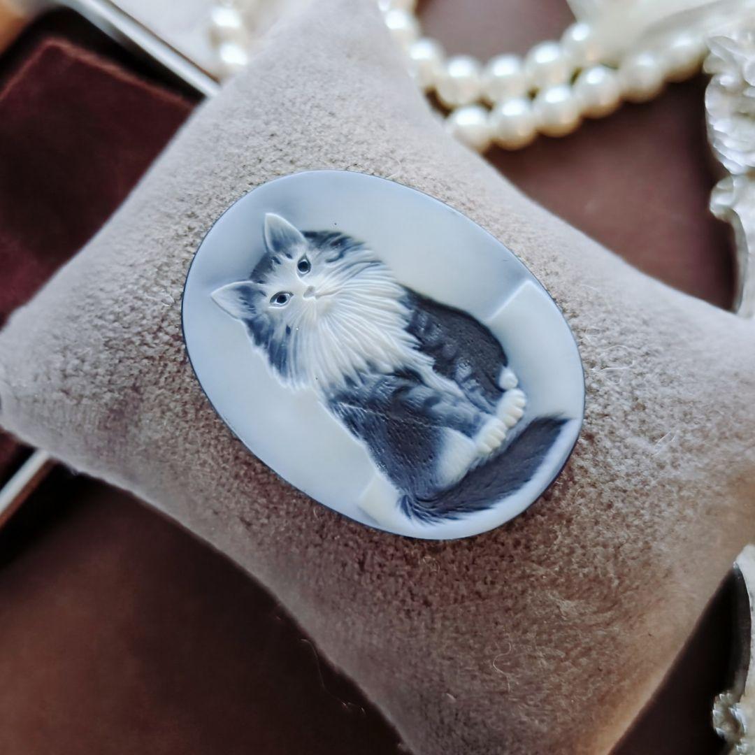 ドイツ CAMEO ストーン メノウ カメオ ルース 猫 メインクーン ブローチ