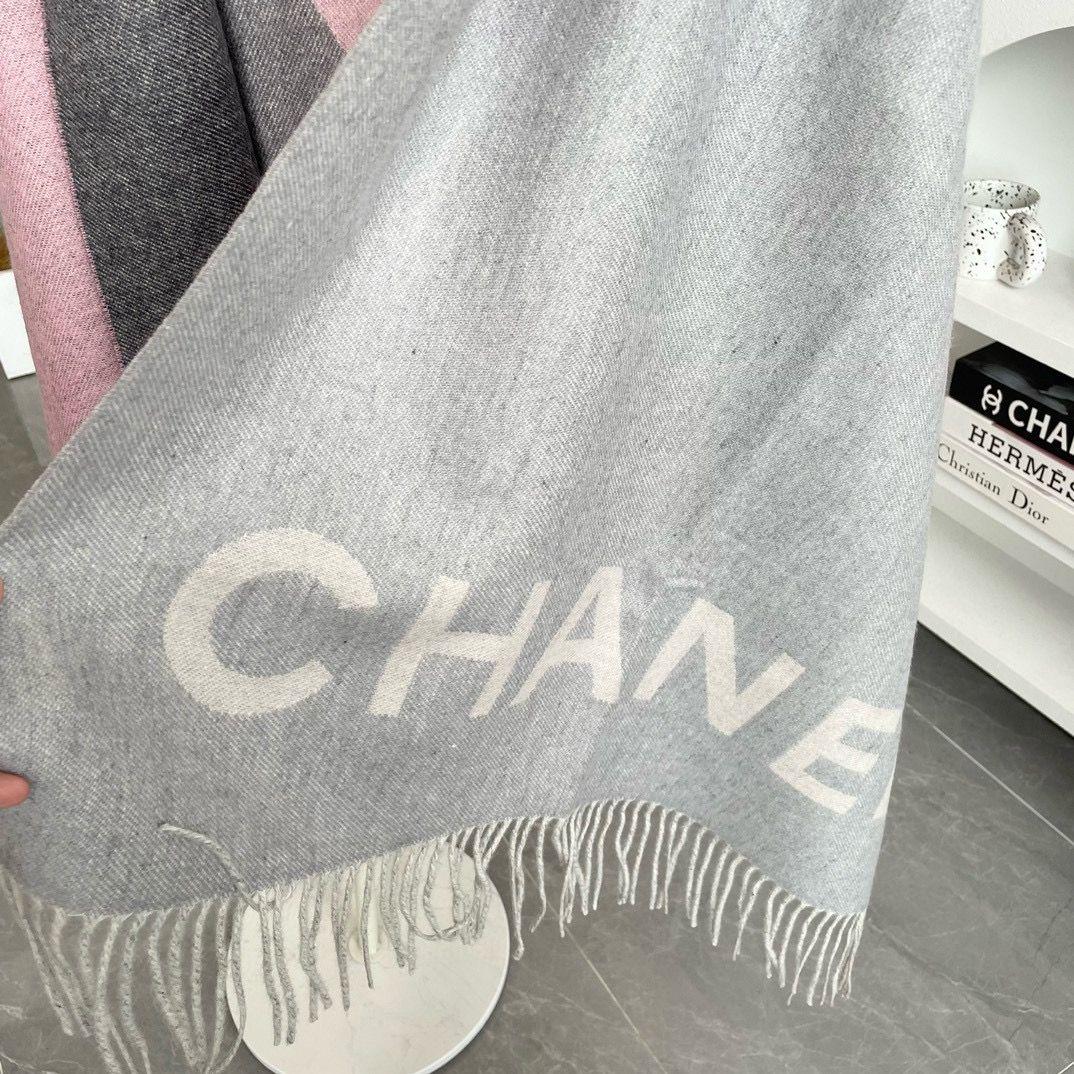 CHANEL　マフラー　ピンク×グレー　大判ロゴ