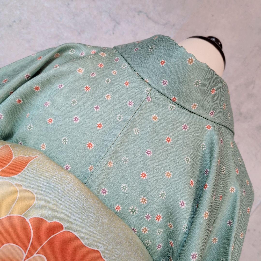 小紋　フルセット　着物　正絹　緑　可愛い　花　C1