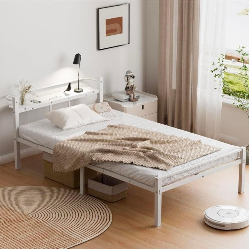 ◎ベッドフレーム シングル 2口コンセント ホワイト パイプベッド 組立簡単