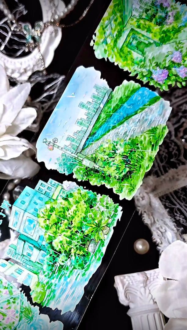 【8902】海外　マステ　3/5/巻　貝殻光マスキングテープ　雨景色　公園