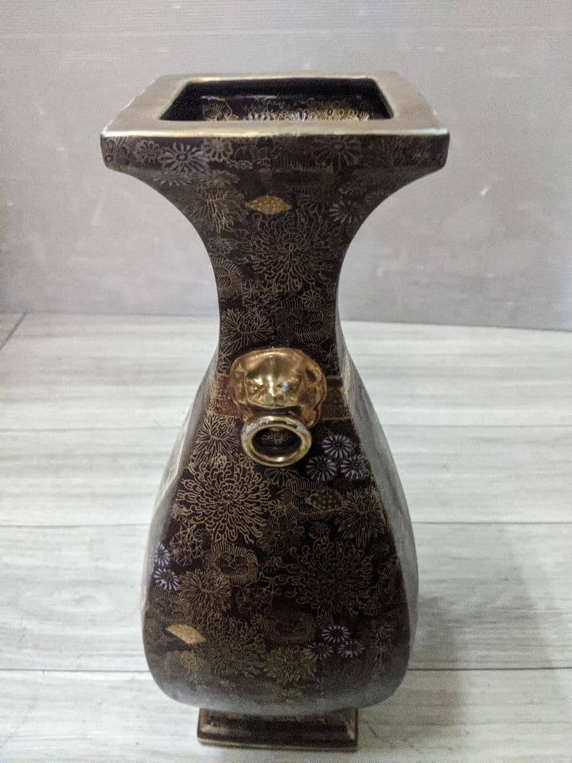 薩摩焼　飾り壷　金彩　金つぶ　山水　花鳥文　花瓶　連山　飾り耳付