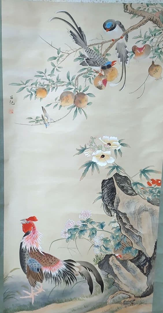 掛け軸大判 梅鳩図 銘あり 呂記 直筆