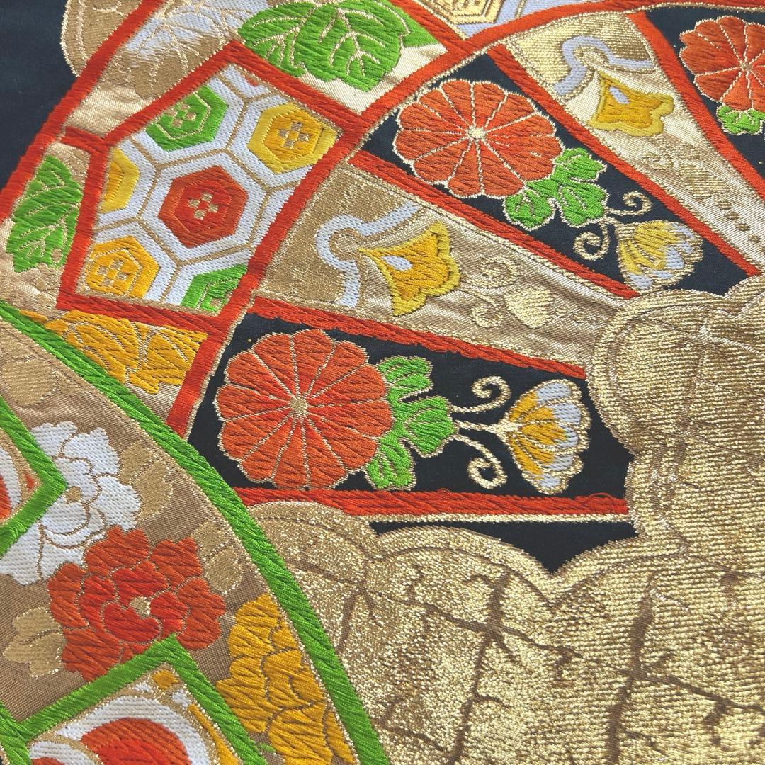 405 振袖フルセット 正絹 白 橙 黒 緑 金彩 駒刺繍 カラフル レトロ