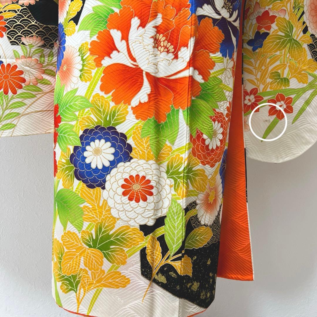 405 振袖フルセット 正絹 白 橙 黒 緑 金彩 駒刺繍 カラフル レトロ