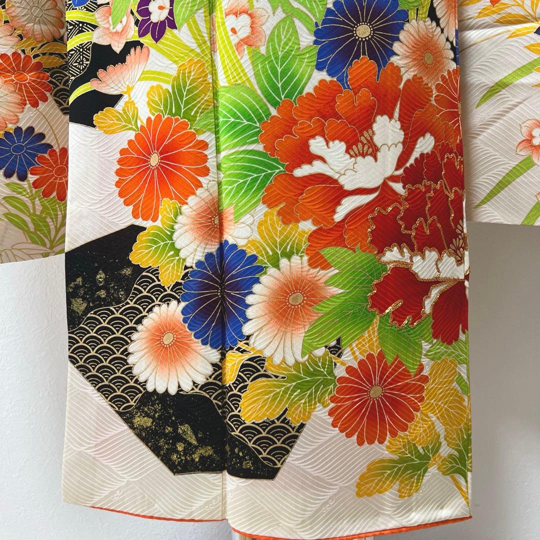 405 振袖フルセット 正絹 白 橙 黒 緑 金彩 駒刺繍 カラフル レトロ