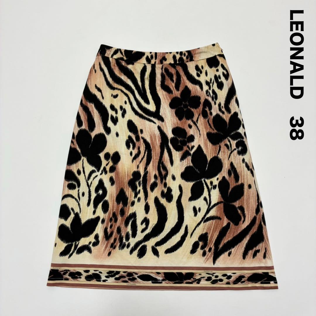 LEONALD レオナール☆レオパード柄膝丈タイトスカート 38 ベージュ系