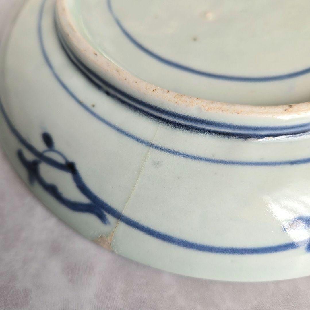 古伊万里　染付六寸皿　江戸時代　型紙摺　コンニャク印判　金直し　金継ぎ　骨董