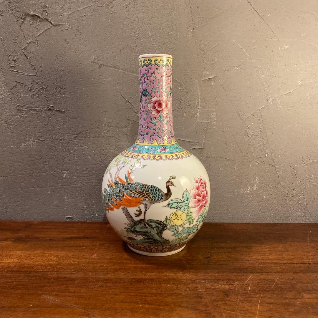 中国景徳鎮 孔雀 花柄 花器 フラワーベース 小壺 コレクション