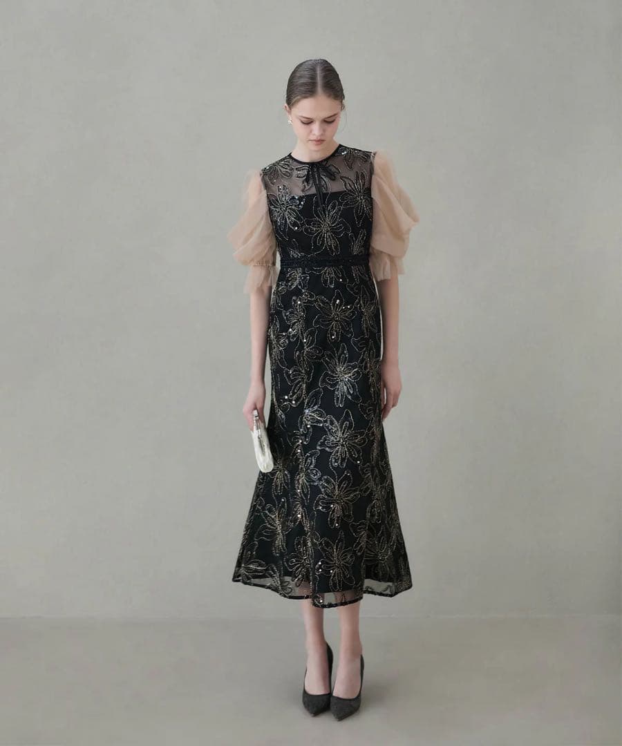 Leja スパンコールフラワーリボンチュールワンピースドレス