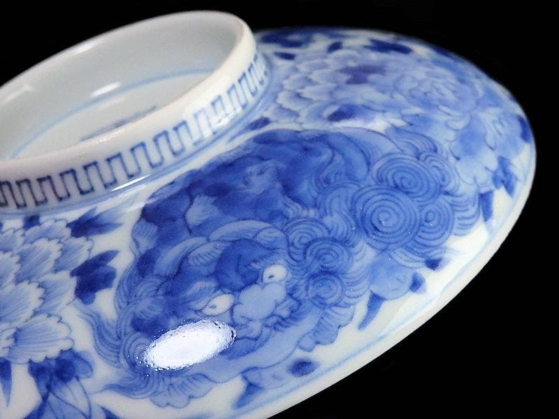 平戸　染付　唐獅子牡丹の図　蓋茶碗　E863AS-COz