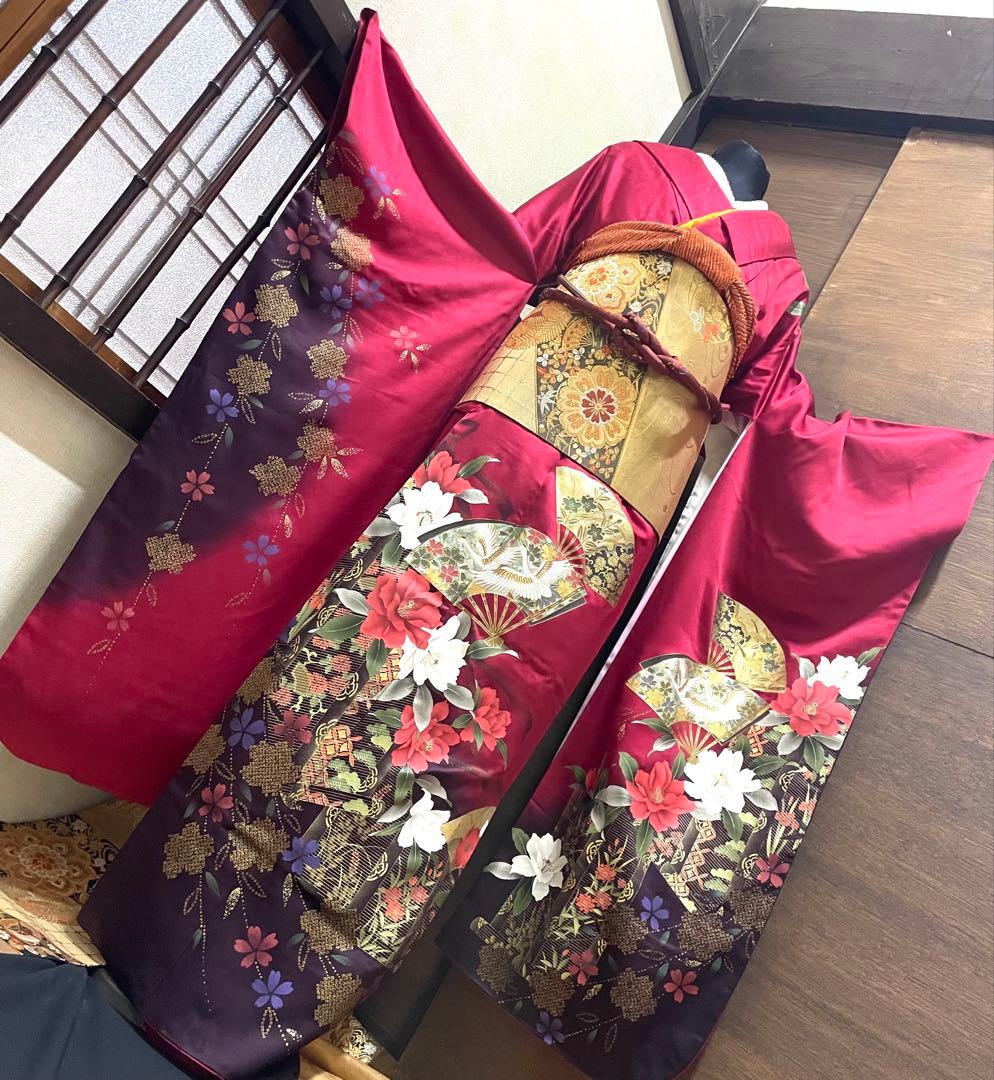 振袖フルセット6点サイズM〜L正絹 扇面鶴飛文　売り切り終了