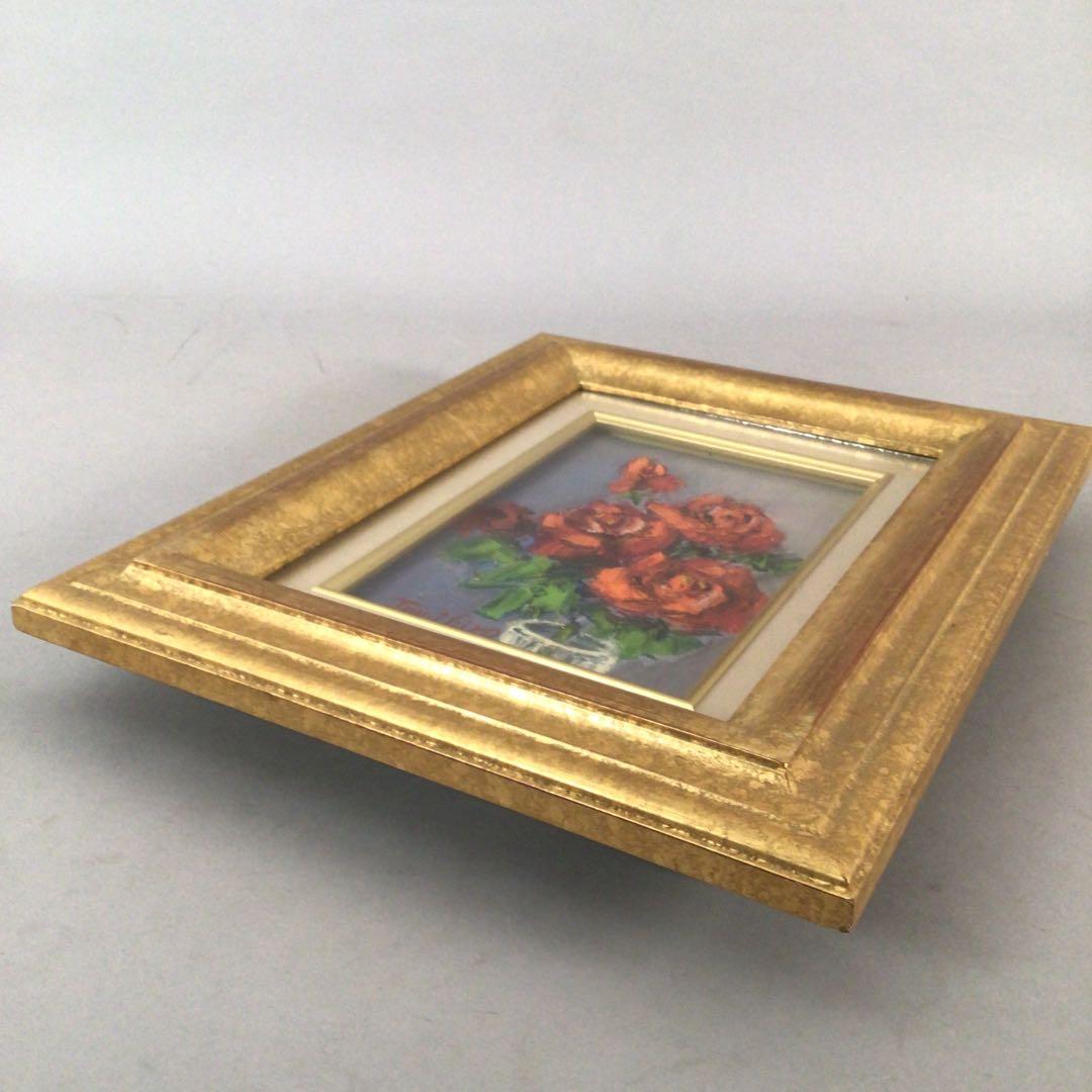 No3888 額装　真作　金原富広「バラ」　2000年 油彩画　裏書有 送料無料