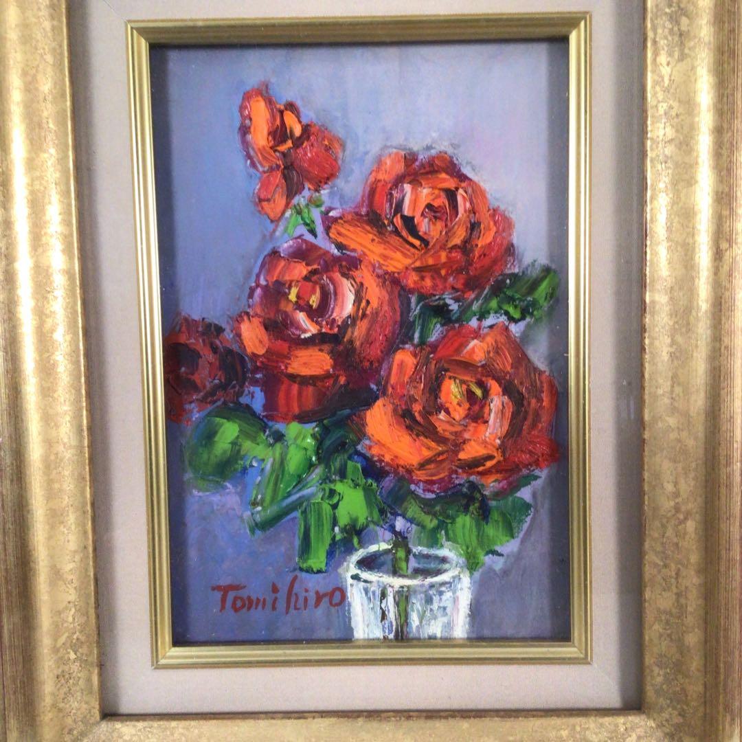 No3888 額装　真作　金原富広「バラ」　2000年 油彩画　裏書有 送料無料