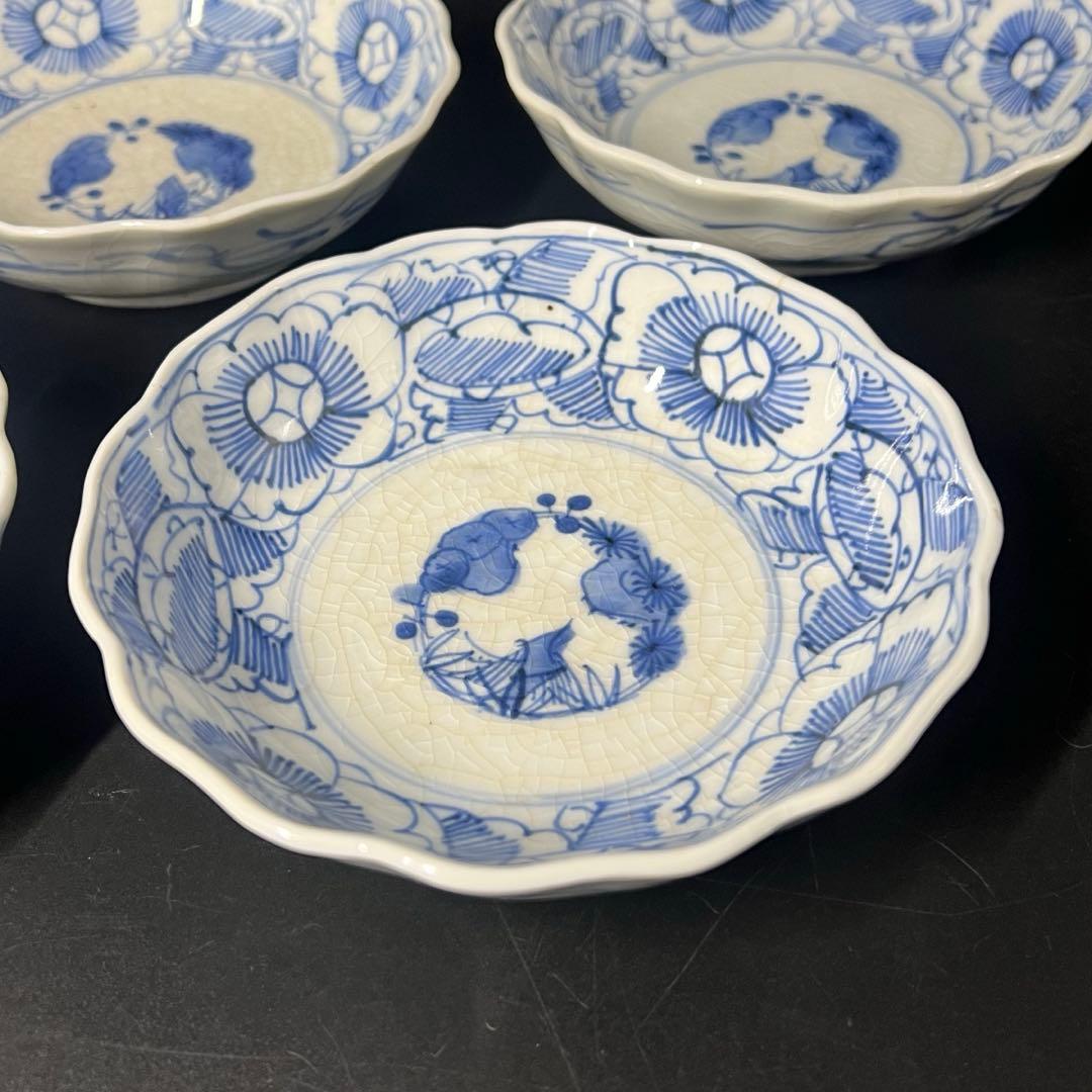 明治期 染付 松竹梅図 なます皿 5客揃 白磁 貫入◎古道具庵々