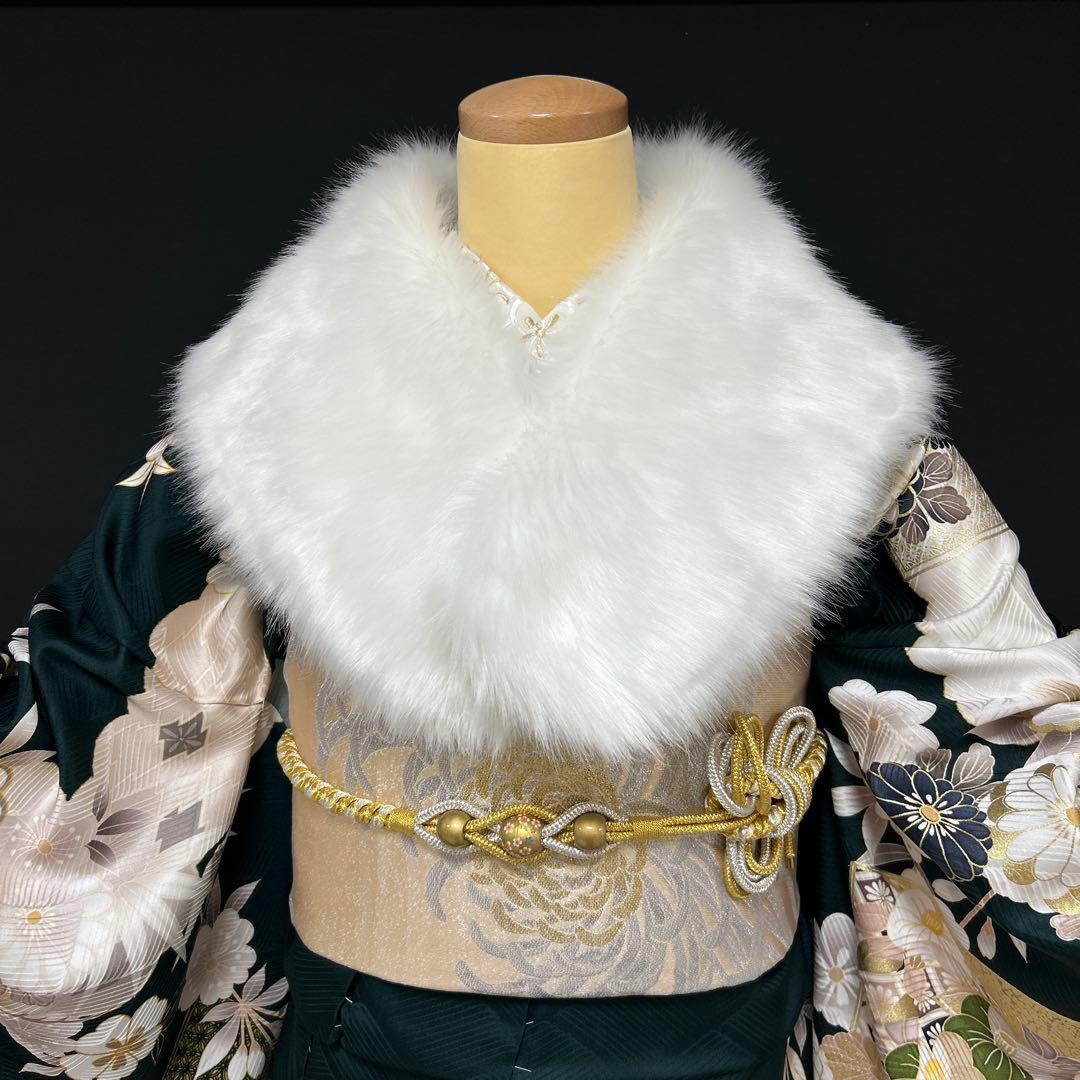 深緑色の豪華な牡丹に松竹梅の古典振袖フルセット(ガード加工・着物バック・髪飾り)