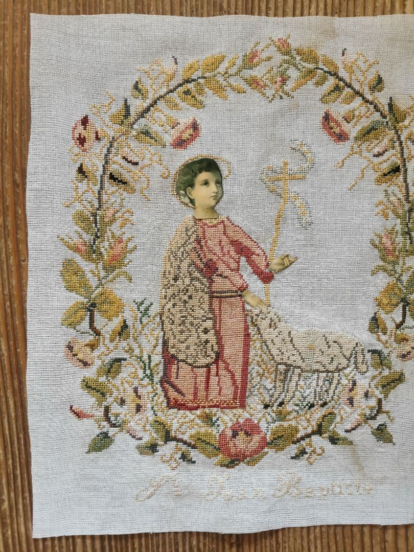アンティーク 洗礼者聖ヨハネと羊プチポワン 薔薇朝顔菫ニードルポイント 麻布付