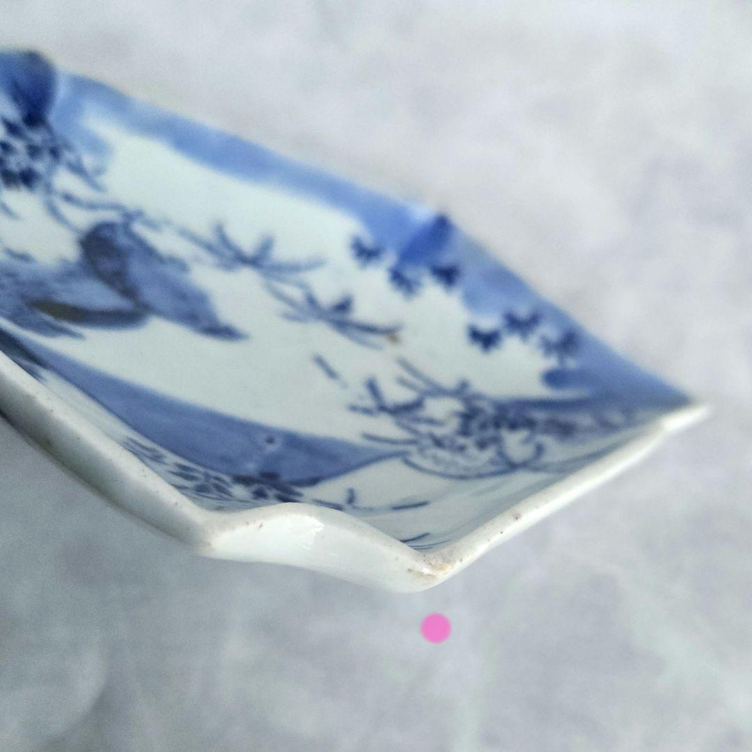 古伊万里　染付小皿　型紙摺　印判　鶉　上手　型物　骨董品　アンティーク　金継ぎ