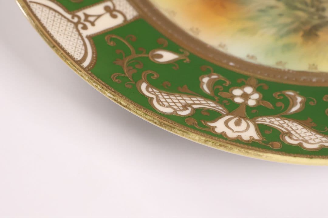 【CM298】オールドノリタケ 鹿 皿 プレート 金彩 盛上 緑 グリーン 明治