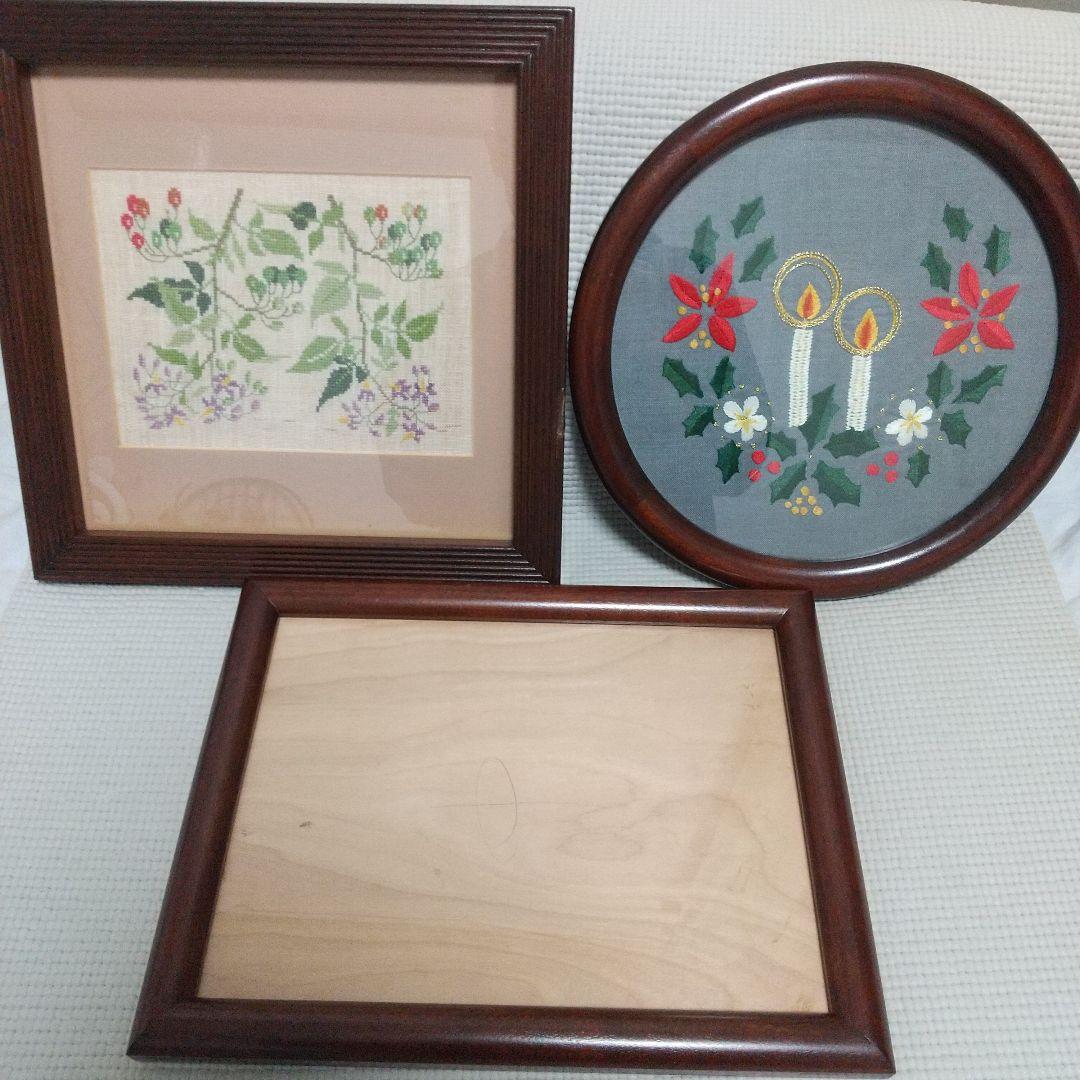 職人の手仕事〈松本民芸家具〉額縁3枚／刺繍アート付、昭和レトロ、民藝